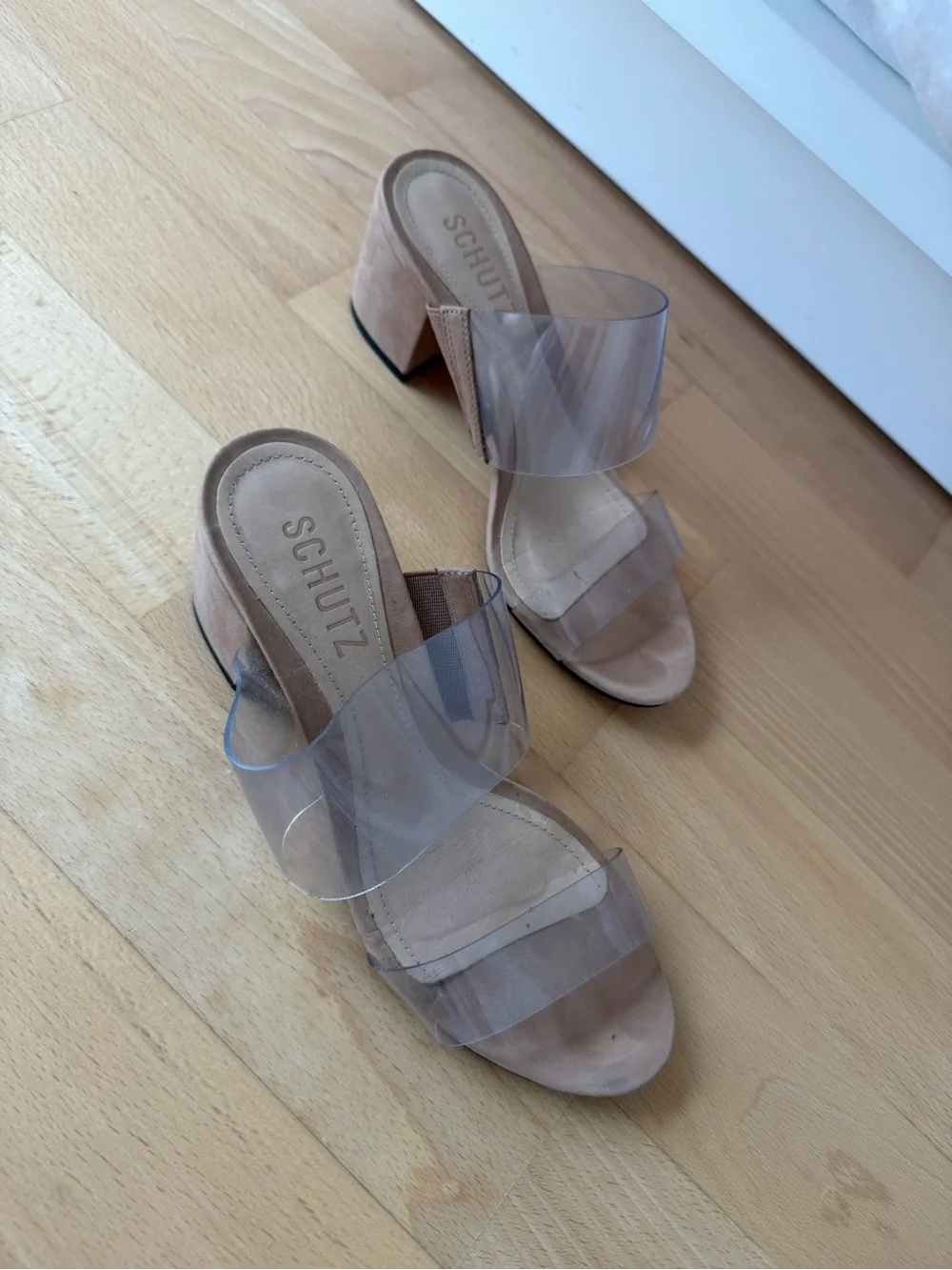 SCHUTZ Clear Strap Slide Sandals with Nude Footbed